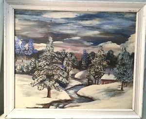 Winterhaus mit Bach Öl auf Holz Gemälde von Victor 17 1/16x14 1/32 gerahmt - Bild 1 von 9