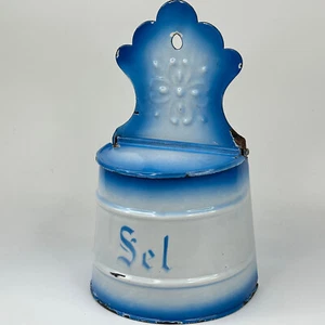 Antique French Kitchen Wall Mounted White & Blue Enamel Salt Container - Picture 1 of 24