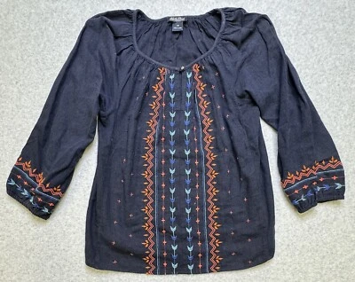 Lucky Brand Women’s XS Peasant Top Blouse Boho Long Sleeve Embroidered Shirt Foto 1 de 4