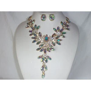 AB rhinestone statement necklace, prom party evening formal bridal necklace - Picture 1 of 7
