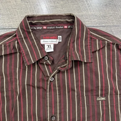 Y2K Ecko Unltd Mens XL Brown Red Striped Longsleeve Button Up Shirt Streetwear - Image 1 of 4