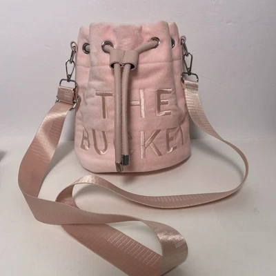 The Bucket Light Pink Drawstring Terry Crossbody Bag Silver Hardware Adjustable - Image 1 of 4