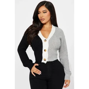 Almost Famous Damen Cardigan ColorBlock schwarz grau Gr. Medium Coastal Grandma - Bild 1 von 9