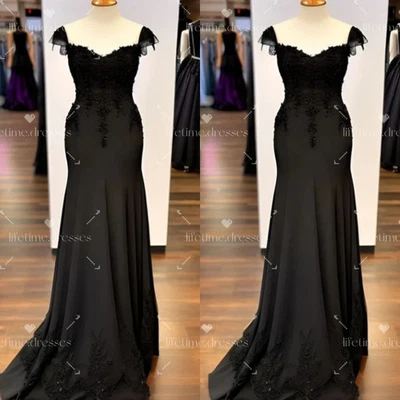 Black Wedding Dresses Vintage Satin Short Sleeves Gothic Simple Bridal Gowns - Image 1 of 4