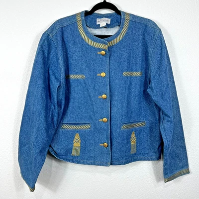 Chaqueta vaquera vintage Bloomingdales para mujer azul dorado bordada LEER Foto 1 de 4
