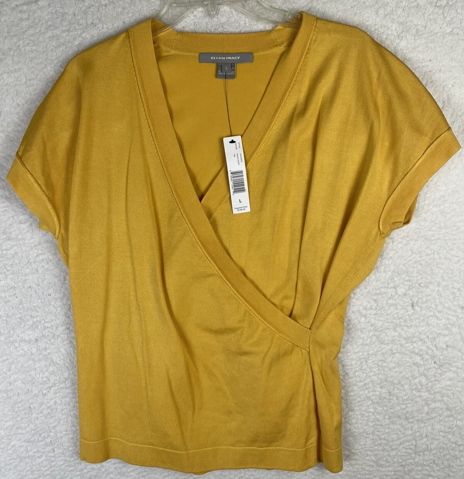 Blusa Ellen Tracy para mujer talla L amarilla vintage manga corta mezcla de seda envolvente nueva con etiquetas Foto 1 de 4