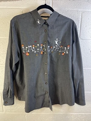 Vintage Karen Scott Halloween Bones Shirt Womens Large Gothic Bones Ghost Check - Image 1 of 4