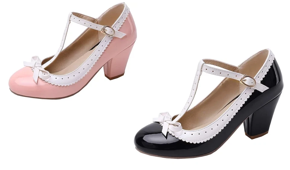 ETEBELLA Damen T Strap High Heels Pumps mit Blockabsat Schleife Rockabilly Vintage Schuhe