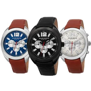 Men's Akribos XXIV AK777 Multifunction Day Date Subdial Leather Strap Watch - Picture 1 of 14