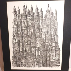 Reloj Torres Pluma y Tinta Dibujo Impresión Fantasía Paisaje Urbano Edición Limitada Don Bower - Imagen 1 de 12