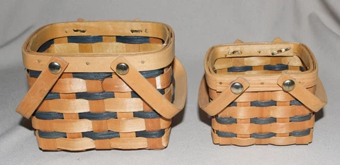 Miniature Woven Baskets (2) Tan Blue Double Handles Nesting Cover