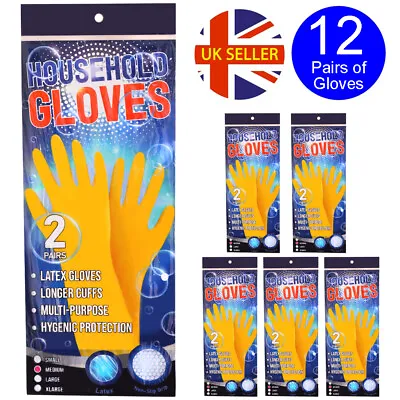 12 Pairs Of Yellow Latex Gloves Household Washing Up Cleaning Hygiene Protective • 12.99£