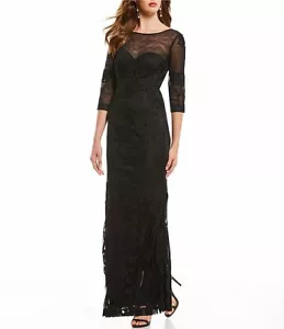 JS COLLECTIONS Black Soutache Illusion Sheer Yoke 3/4 Sleeve Column Maxi Gown 14 - Picture 1 of 10
