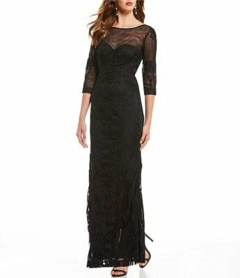 JS COLLECTIONS Black Soutache Illusion Sheer Yoke 3/4 Sleeve Column Maxi Gown 14 - Image 1 of 4