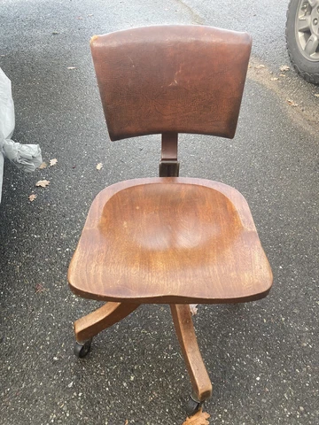 Antique Walnut Swivel Office Chair Leather Back American Made ￼￼Adjustable Small Cover