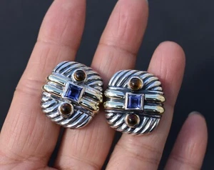 David Yurman Renaissance 14K Gold Sterling Silver Citrine Iolite Earrings Omega - Picture 1 of 8