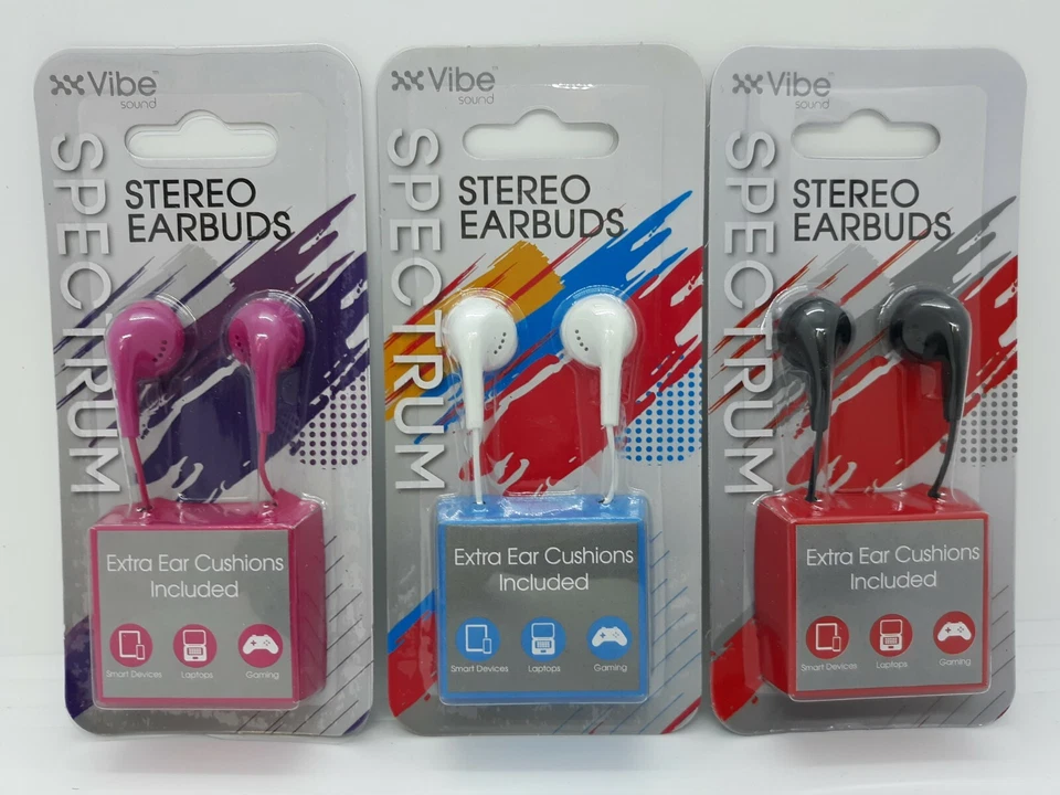 3 juegos de auriculares estéreo Vibe Sound Spectrum con almohadillas adicionales rosa blanco negro Foto 1 de 1