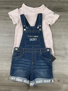 DKNY Girls Size Youth 6 Denim Bib Overalls Outfit Shirt & Shorts Romper - Picture 1 of 17