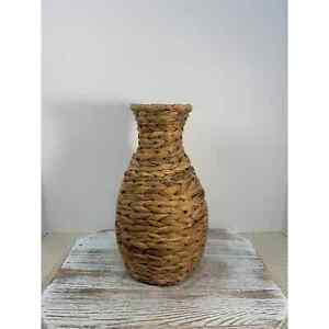 Medium Size Brown Boho Wicker Vase with Wire Insert. Very Sturdy