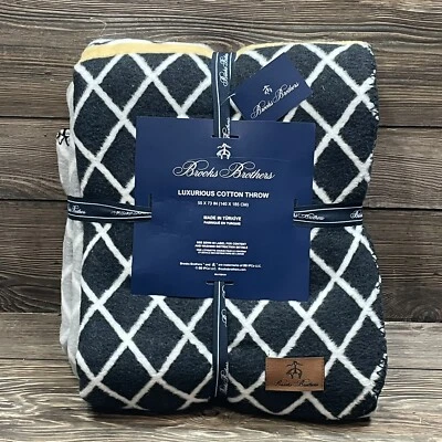 Brooks Brothers Luxurious Cotton Blend Throw Black Gray Geometric 55”X72” NEW - Image 1 of 4