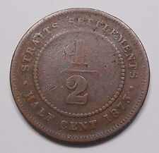 Straits Settlements 1873 Half 1/2 Cent G-VG VERY RARE Date UK Colony Copper Coin