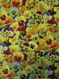 PANSIES FLOWERS PANSIE FLOWER GOLDEN YELLOW RED COTTON FABRIC FQ - Picture 1 of 5