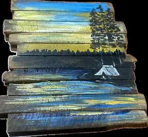 Evening Camping on the Lake Water Paint on Floating Wood B/1/1/20 - Picture 1 of 2