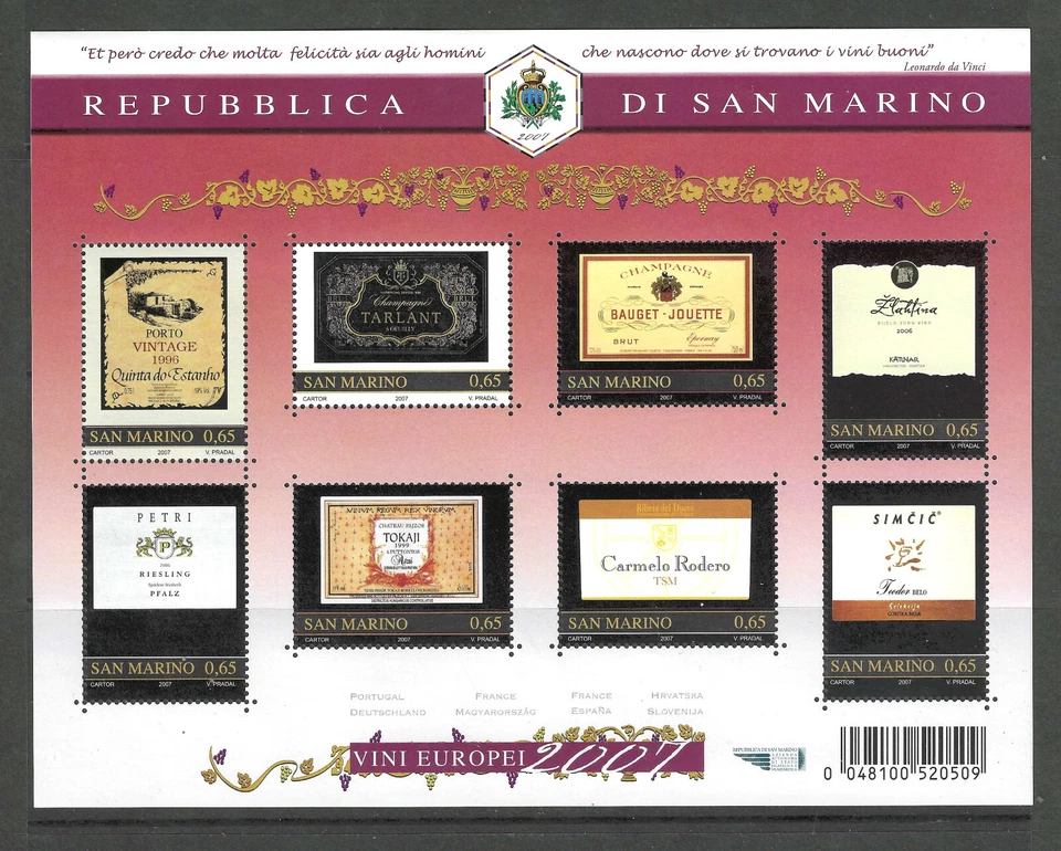 Mini hoja de etiquetas de vino frescas San Marino # 1730 PO ('25 SCV $12,50) Foto 1 de 1