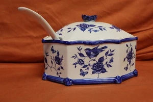 Vintage Cracker Barrel Blue Bliss By Susan Winget Floral Soup Tureen W Lid. 46d - Picture 1 of 12