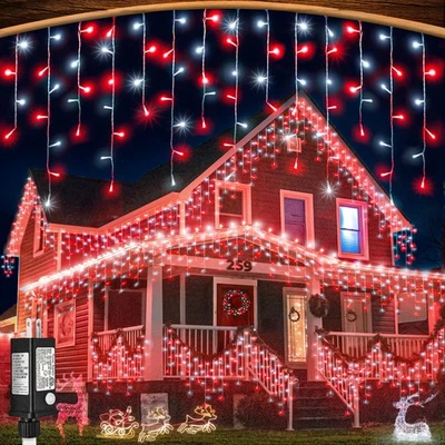 NIELFOI 33ft Red and White Christmas Lights, 400 LED Icicle Lights for Outside, Clear...