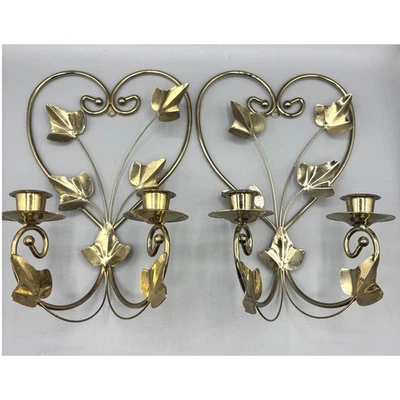 VVtg Home Interiors Heart Metal Candle Sconces Wall Decor Gold Tone Leaf Pair - Image 1 of 4