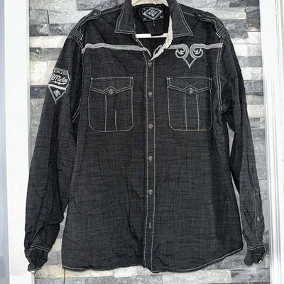Мужская Affliction стандартный пуговицах длинным рукавом рубашка Топ 2 X 2XL серый черный - Изображение 1 из 4