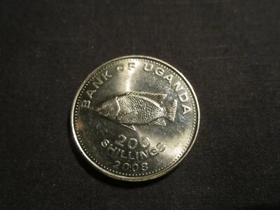2008 UGANDA 200 SHILLINGS  CICHILD FISH ABOVE VALUE AND DATE,NATIONAL ARMS - Image 1 of 2