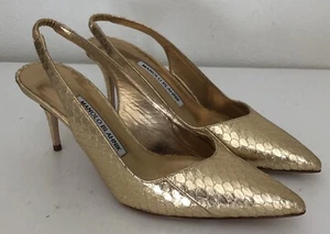 NIB Manolo Blahnik Erisli Genuine Snakeskin Gold Slingback Pump Heel Sz 37.5 - Picture 1 of 8