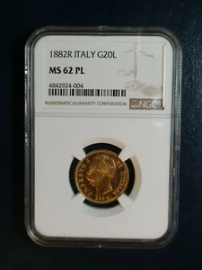 1882R ITALY TWENTY LIRA GOLD NGC MS62 PROOF LIKE GOLD 20L Coin PRICED TO SELL! - Picture 1 of 4