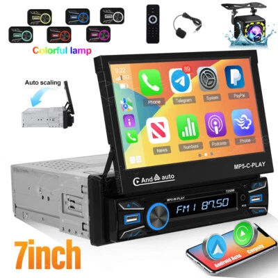 Motorized Screen Single Din Radio Wireless Carplay 7'' Flip Out Car Stereo + Cam - Image 1 of 4