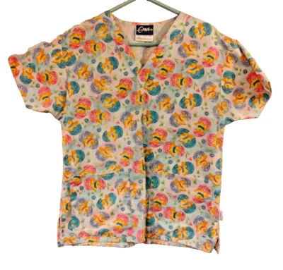 Crest Womens Sz Small S Scrub Top Easter Chicken Eggs Spring Doctor Veterinarian - Image 1 of 4