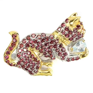 Unheated Pear Aquamarine 7x5mm Rhodolite Sapphire 925 Sterling Silver Cat Brooch - Picture 1 of 9