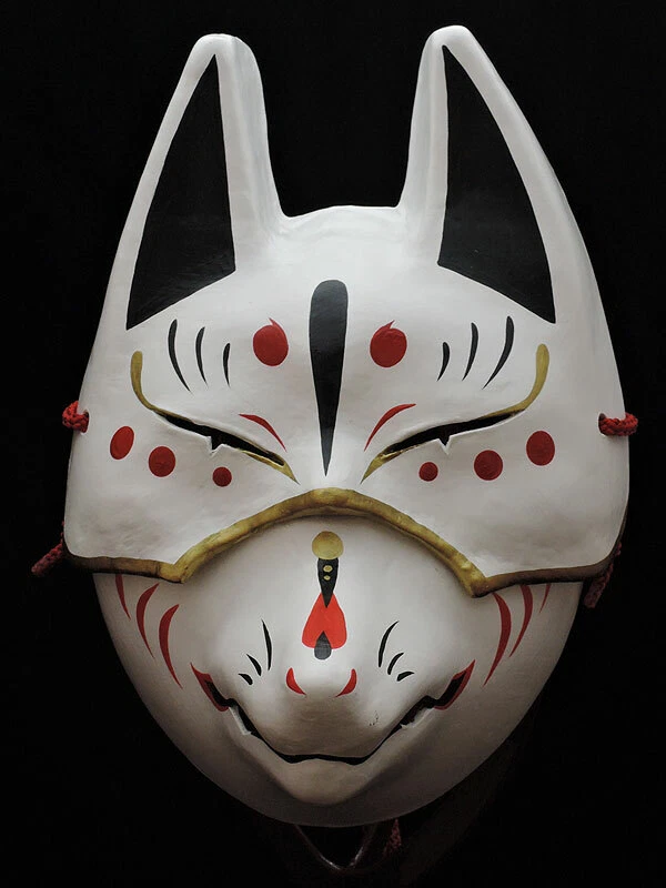 Komendo Top & Lower Half Face Fox Mask 2 Set Hand Painted Kitsune Paper Japan - Image 1 of 4