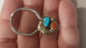 Vintage Native American Sterlingsilber Türkis & Korallen Schlüsselring - Bild 1 von 17