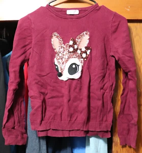 H&M Sequin Deer Sweatshirt Sweater Pullover Girls Burgundy YM 8-10 - Picture 1 of 5