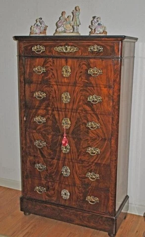 CROTCH MAHOGANY MARBLE TOP FAUX CHEST CABINET.  Wood/drying cracks and abrasion Cover