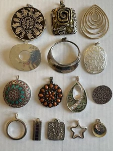 Lot Of 15 Fashion Jewelry Pendants Metal Silver Tone Various Designs - Picture 1 of 16