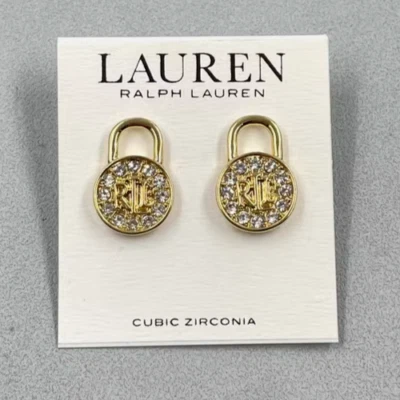 Lauren Ralph Lauren RLL Gold Pave Lock Padlock Stud Earrings - Image 1 of 4