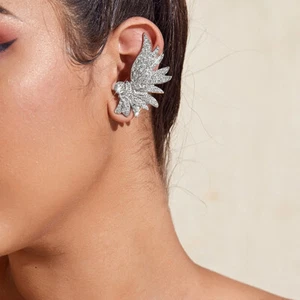1pc Rhinestone Decoration Silver Wing Stud Cartilage Wrap Clip Earrings Ear Cuff - Picture 1 of 5