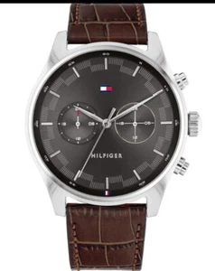 Tommy Hilfiger Men's Gray Multi Dial Brown Leather Strap 44mm Watch NIB 1710422 - Picture 1 of 4