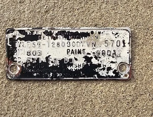 1959 Chevrolet El Camino V8 Cowl Trim Tag Tuxedo Black - Picture 1 of 2