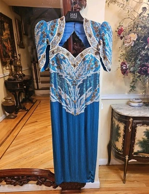 Vestido largo vintage años 80 Alyce Designs talla XS azul lentejuelas fiesta graduación Foto 1 de 4