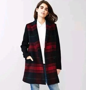 GAP Tartan Driving Coat Plaid Wool Blend Red Navy Mid Length Women's Sz L - Picture 1 of 14