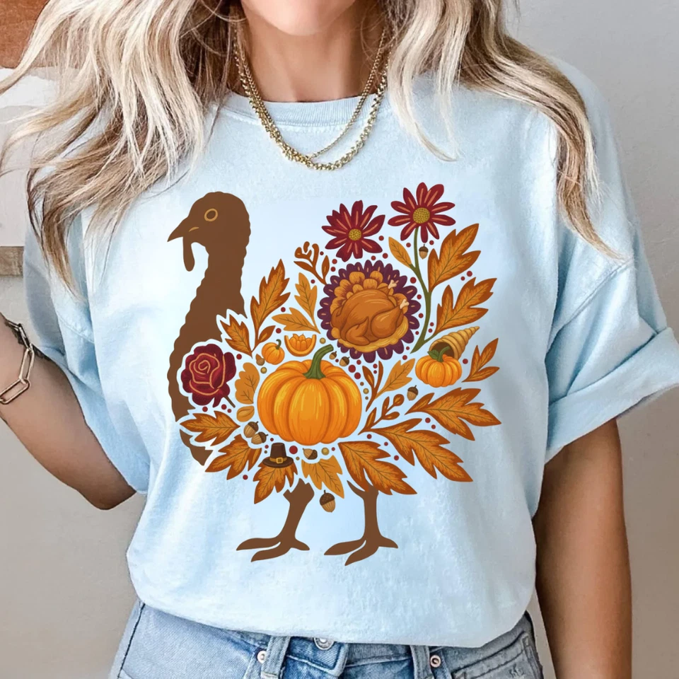 Thanksgiving Turkey Shirt Women Fall Pumpkin Floral T-Shirt Sweatshirt Cotton - Image 1 of 4